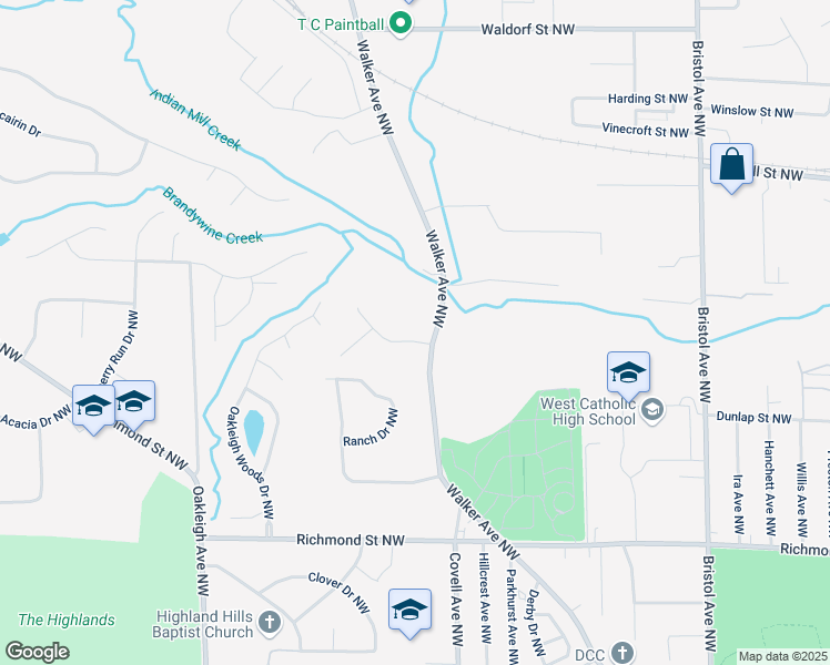 map of restaurants, bars, coffee shops, grocery stores, and more near 1814 Corville Court Northwest in Grand Rapids