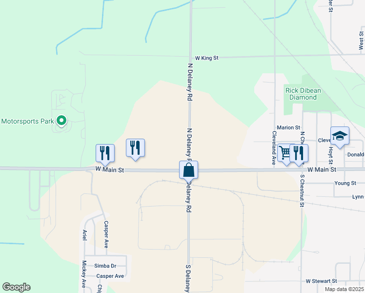 map of restaurants, bars, coffee shops, grocery stores, and more near 119 North Delaney Road in Owosso