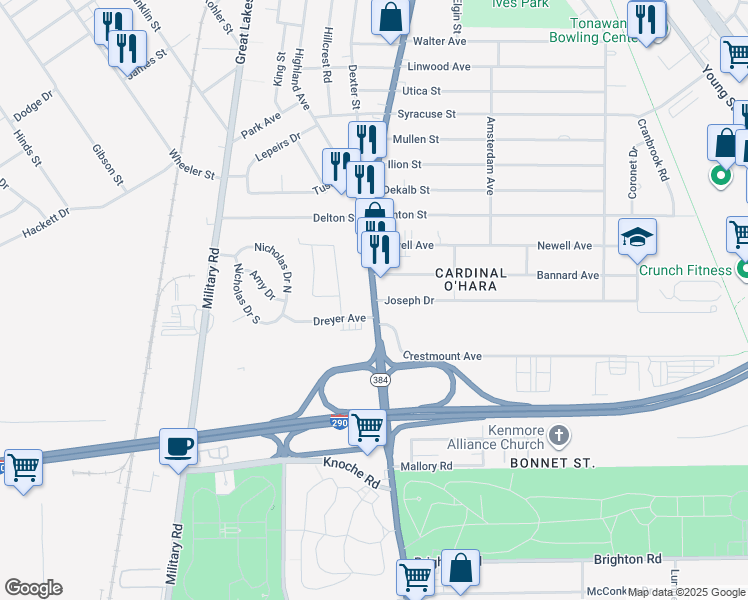 map of restaurants, bars, coffee shops, grocery stores, and more near Delaware Ave & Joseph Dr in Tonawanda