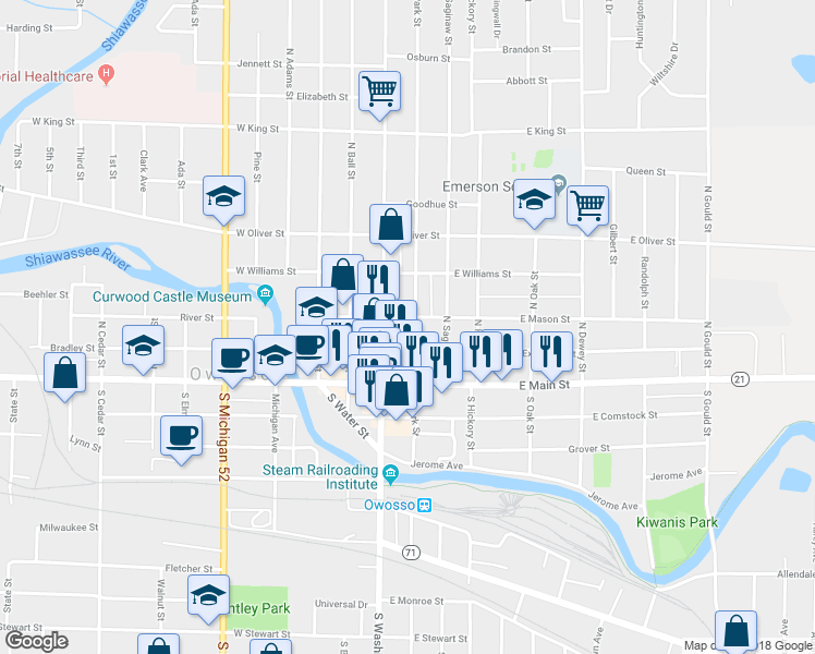map of restaurants, bars, coffee shops, grocery stores, and more near 120 East Mason Street in Owosso