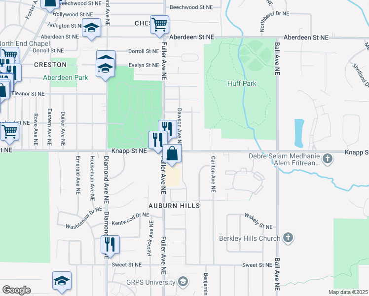 map of restaurants, bars, coffee shops, grocery stores, and more near 1307 Knapp Street Northeast in Grand Rapids