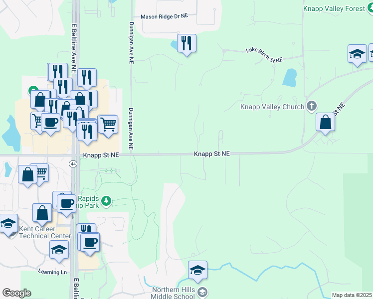 map of restaurants, bars, coffee shops, grocery stores, and more near 3587 Knapp Street Northeast in Grand Rapids