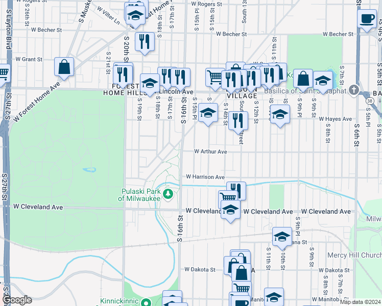 map of restaurants, bars, coffee shops, grocery stores, and more near 2501 South 15th Place in Milwaukee