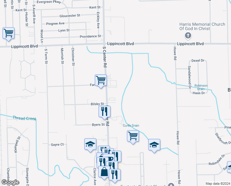 map of restaurants, bars, coffee shops, grocery stores, and more near 2173 Center Road in Burton