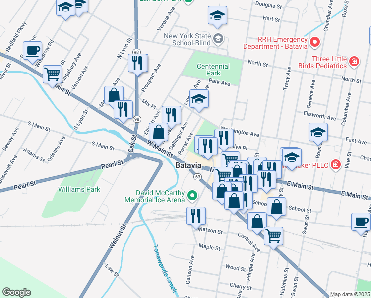 map of restaurants, bars, coffee shops, grocery stores, and more near 10 Porter Ave in Batavia