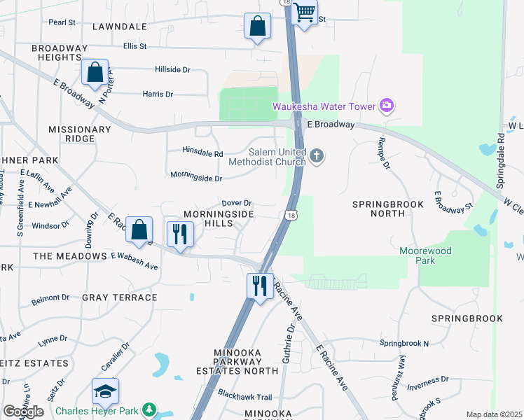 map of restaurants, bars, coffee shops, grocery stores, and more near 1605 Dover Drive in Waukesha