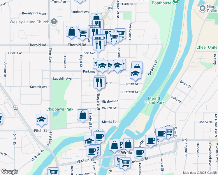 map of restaurants, bars, coffee shops, grocery stores, and more near 24 Walnut Street in Welland