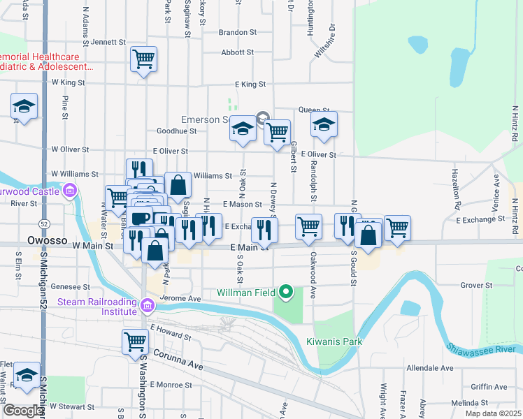 map of restaurants, bars, coffee shops, grocery stores, and more near 207 North Dewey Street in Owosso
