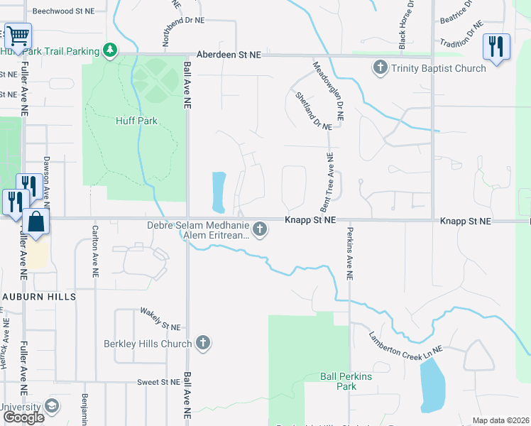 map of restaurants, bars, coffee shops, grocery stores, and more near 1851 Knapp Street Northeast in Grand Rapids