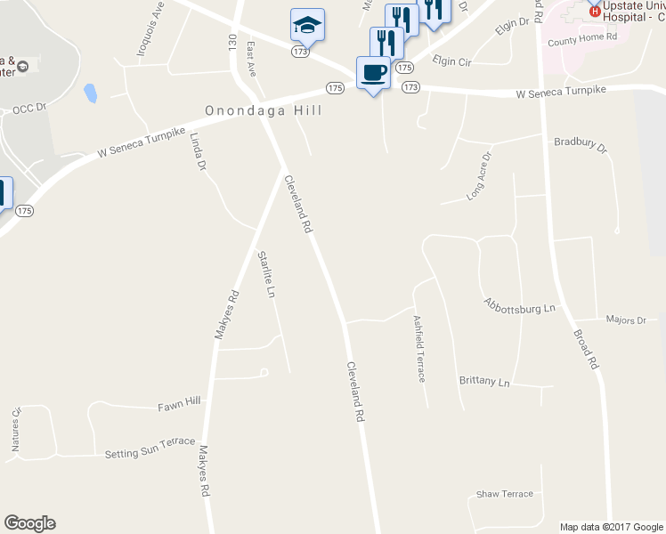 map of restaurants, bars, coffee shops, grocery stores, and more near 4702 Cleveland Road in Syracuse