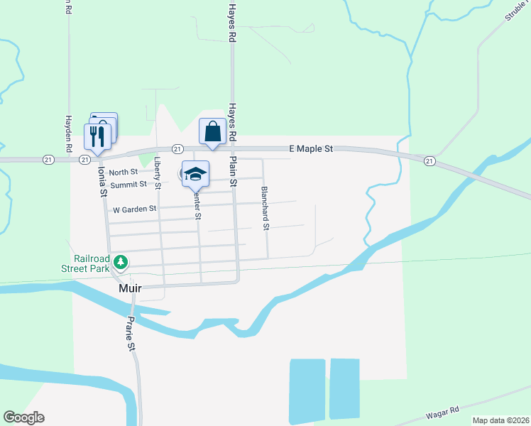 map of restaurants, bars, coffee shops, grocery stores, and more near 355 Blanchard Street in Muir