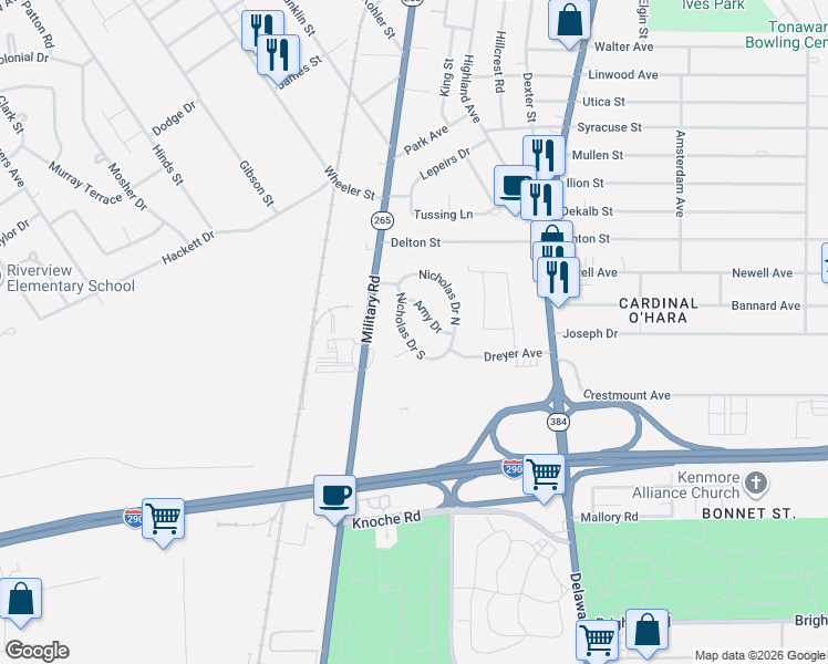 map of restaurants, bars, coffee shops, grocery stores, and more near 53 Nicholas Dr S in Tonawanda