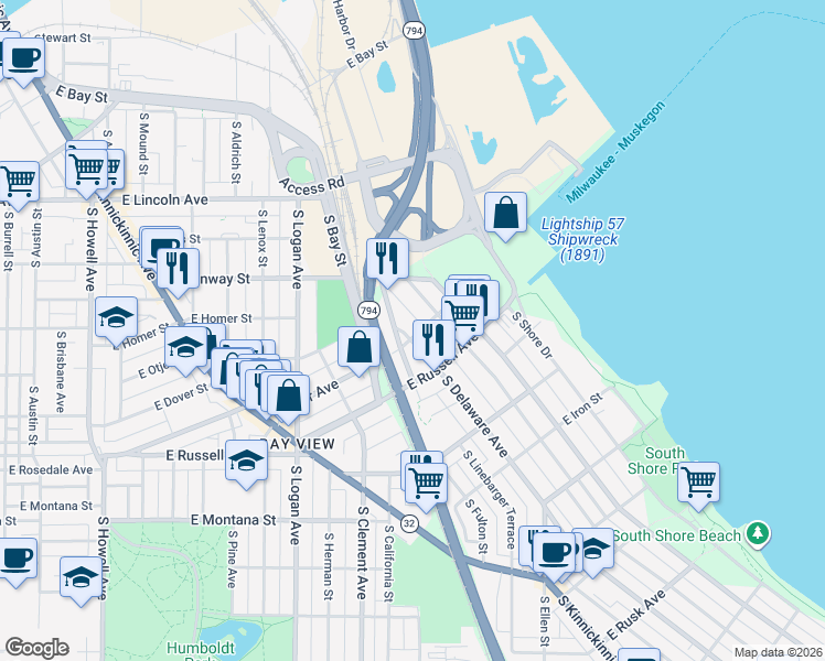 map of restaurants, bars, coffee shops, grocery stores, and more near 2456a South Delaware Avenue in Milwaukee