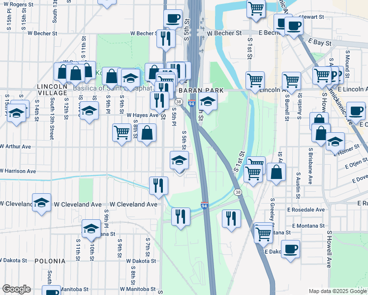 map of restaurants, bars, coffee shops, grocery stores, and more near S 5th St & W Arthur Ave in Milwaukee