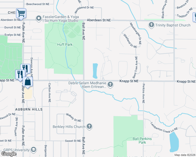 map of restaurants, bars, coffee shops, grocery stores, and more near 1701 Knapp Street Northeast in Grand Rapids
