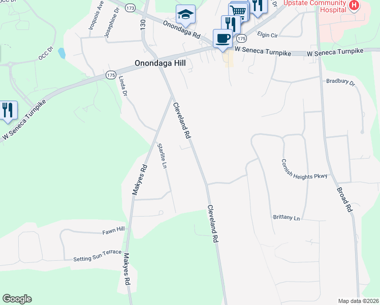 map of restaurants, bars, coffee shops, grocery stores, and more near 4702 Cleveland Road in Syracuse