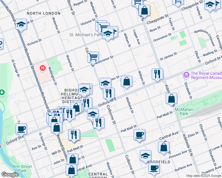 map of restaurants, bars, coffee shops, grocery stores, and more near in London