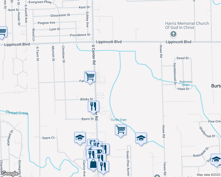map of restaurants, bars, coffee shops, grocery stores, and more near 2173 South Center Road in Burton