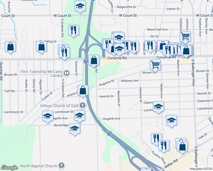 map of restaurants, bars, coffee shops, grocery stores, and more near 3348 Arlene Avenue in Flint