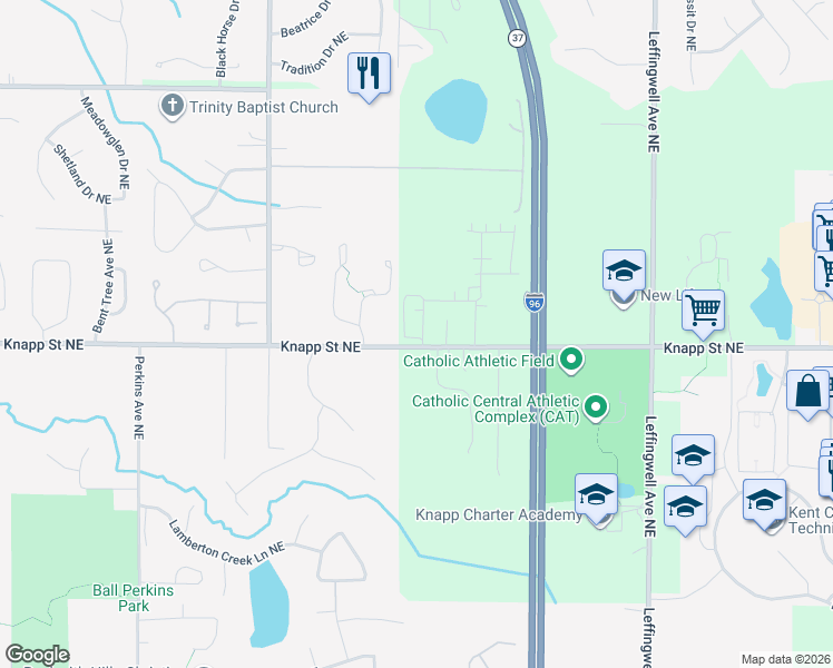 map of restaurants, bars, coffee shops, grocery stores, and more near 2453 Knapp Street Northeast in Grand Rapids charter Township