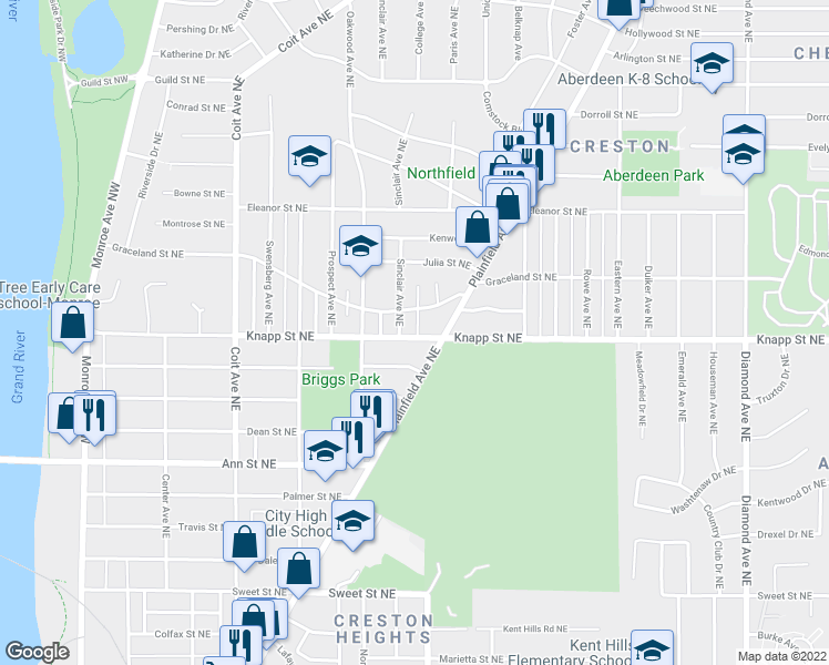map of restaurants, bars, coffee shops, grocery stores, and more near 453 Knapp Street Northeast in Grand Rapids