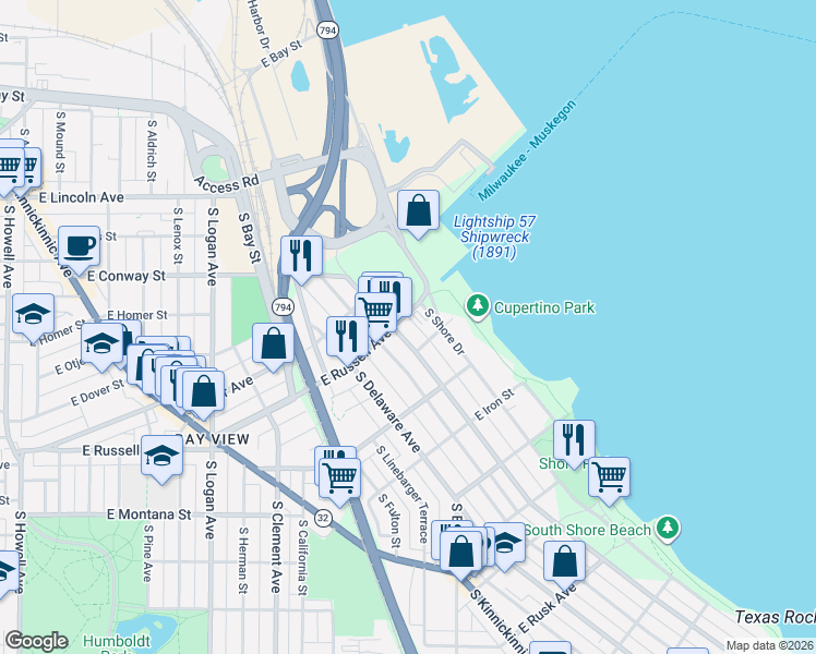 map of restaurants, bars, coffee shops, grocery stores, and more near 2507 South Superior Street in Milwaukee
