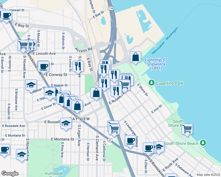 map of restaurants, bars, coffee shops, grocery stores, and more near 2456a South Delaware Avenue in Milwaukee