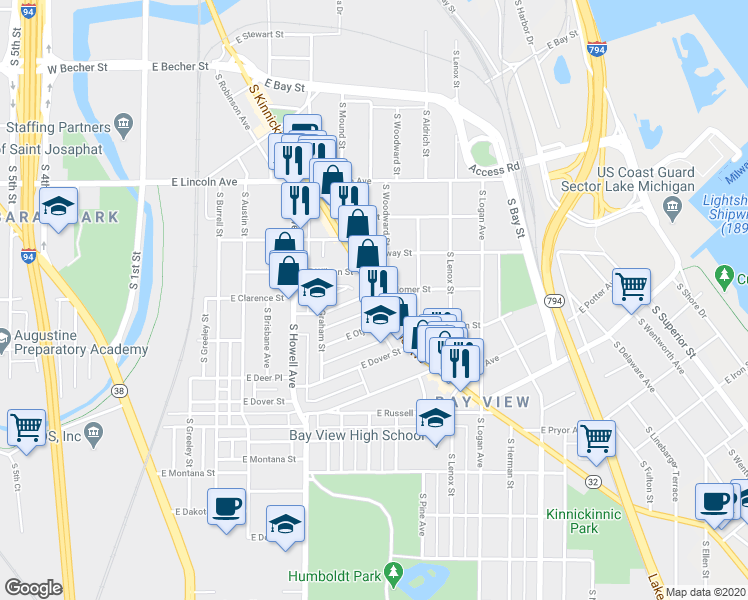 map of restaurants, bars, coffee shops, grocery stores, and more near 2513 South Kinnickinnic Avenue in Milwaukee