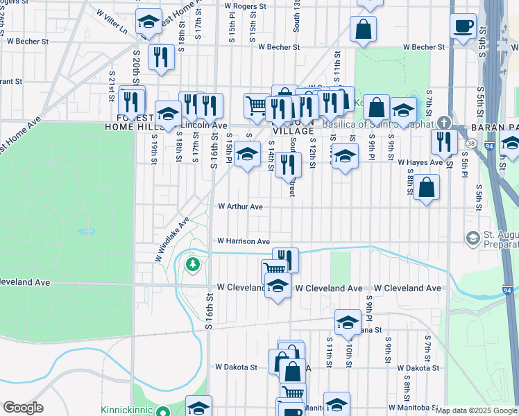 map of restaurants, bars, coffee shops, grocery stores, and more near 1401 West Arthur Avenue in Milwaukee