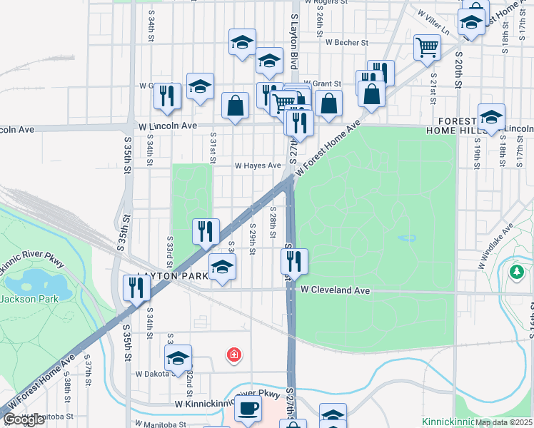map of restaurants, bars, coffee shops, grocery stores, and more near 2517 South 28th Street in Milwaukee