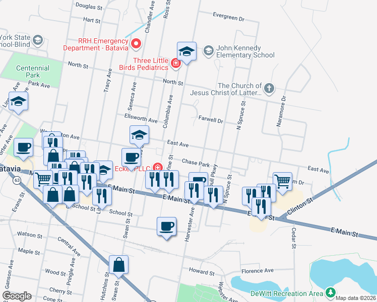 map of restaurants, bars, coffee shops, grocery stores, and more near 7 Chase Park in Batavia