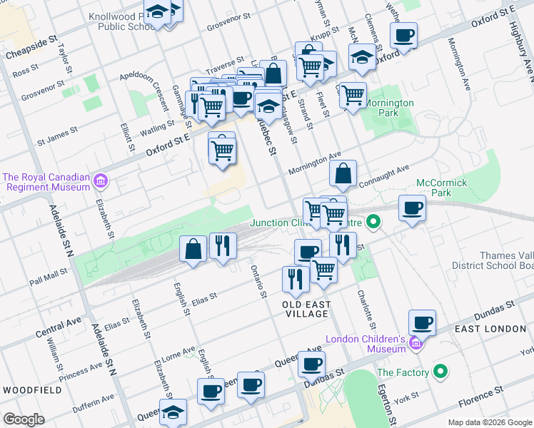 map of restaurants, bars, coffee shops, grocery stores, and more near 319 Salisbury Street in London