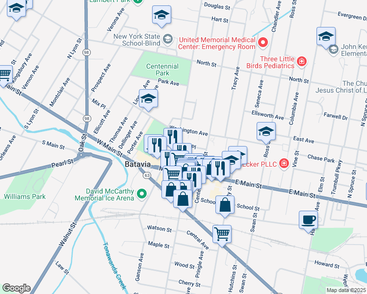 map of restaurants, bars, coffee shops, grocery stores, and more near 6 Alva Place in Batavia