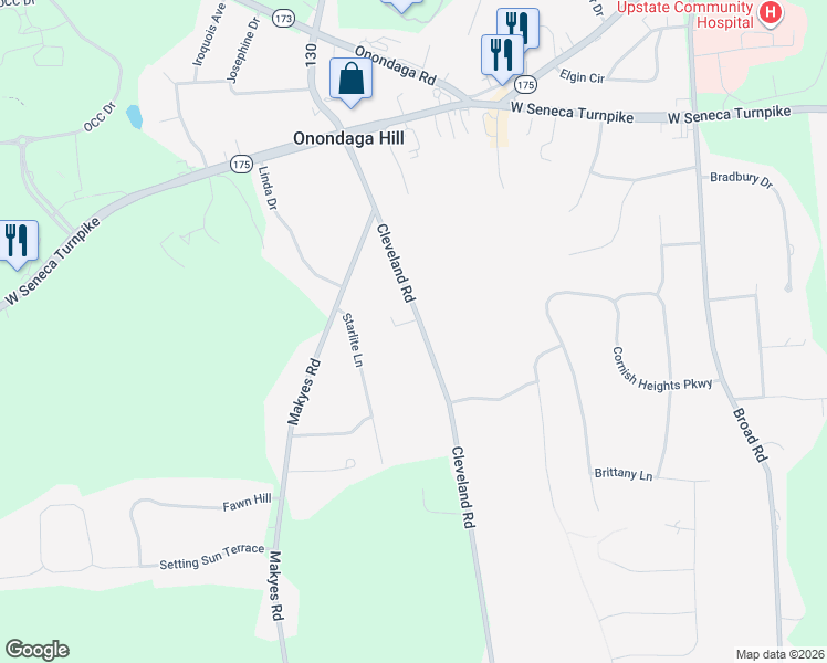 map of restaurants, bars, coffee shops, grocery stores, and more near 4702 Cleveland Road in Syracuse