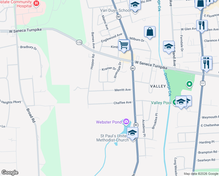map of restaurants, bars, coffee shops, grocery stores, and more near 188 Merritt Ave in Syracuse