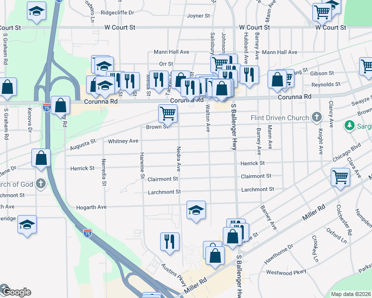 map of restaurants, bars, coffee shops, grocery stores, and more near 3922 Arlene Avenue in Flint