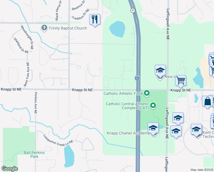 map of restaurants, bars, coffee shops, grocery stores, and more near 2453 Knapp Street Northeast in Grand Rapids charter Township