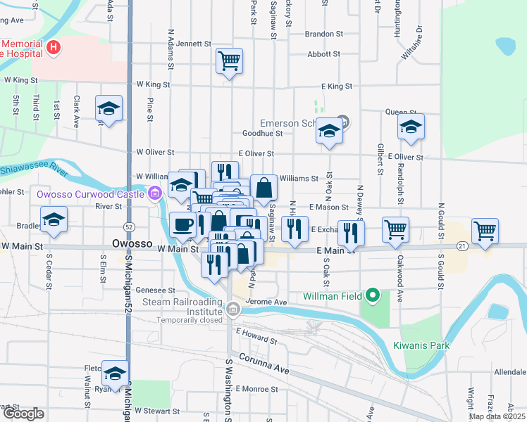 map of restaurants, bars, coffee shops, grocery stores, and more near 210 East Mason Street in Owosso