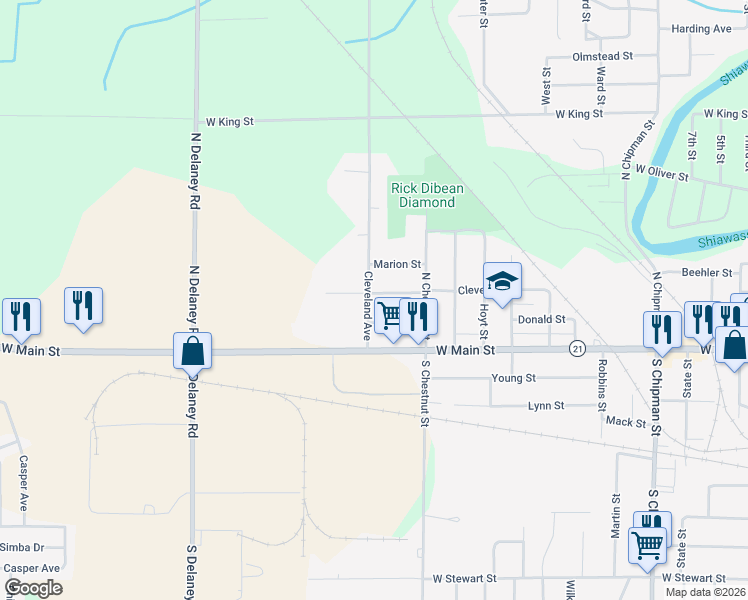map of restaurants, bars, coffee shops, grocery stores, and more near 220 Cleveland Avenue in Owosso