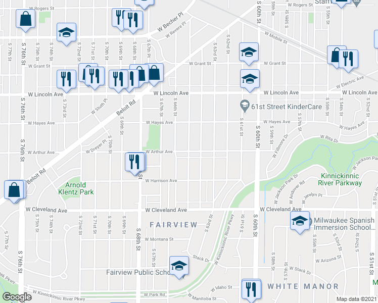 map of restaurants, bars, coffee shops, grocery stores, and more near W Arthur Ave & S 65th St in Milwaukee
