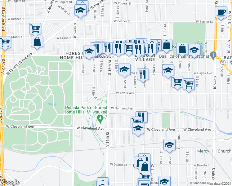 map of restaurants, bars, coffee shops, grocery stores, and more near 1551 West Arthur Avenue in Milwaukee