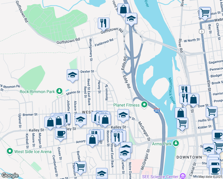 map of restaurants, bars, coffee shops, grocery stores, and more near 360 Coolidge Avenue in Manchester