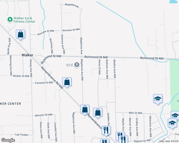 map of restaurants, bars, coffee shops, grocery stores, and more near 3600 Awixa Court Northwest in Grand Rapids