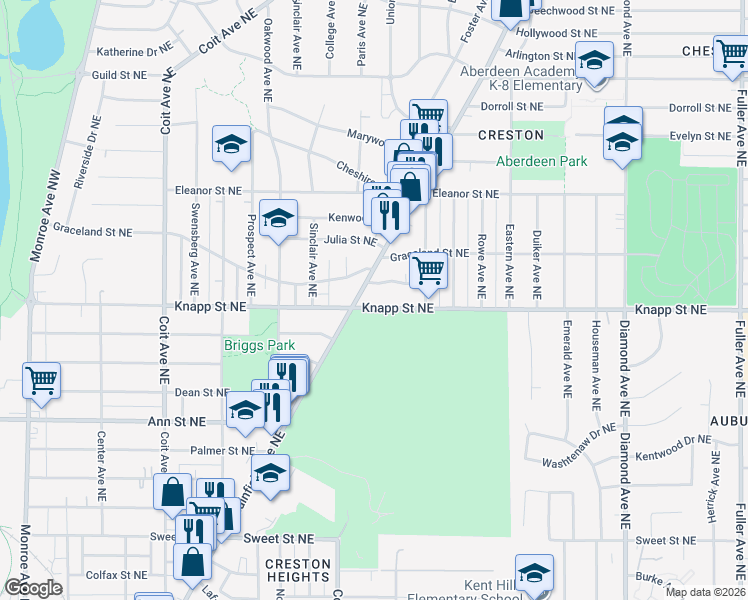 map of restaurants, bars, coffee shops, grocery stores, and more near 515 Knapp Street Northeast in Grand Rapids