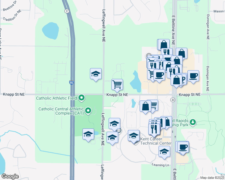 map of restaurants, bars, coffee shops, grocery stores, and more near 2029 Celadon Drive Northeast in Grand Rapids