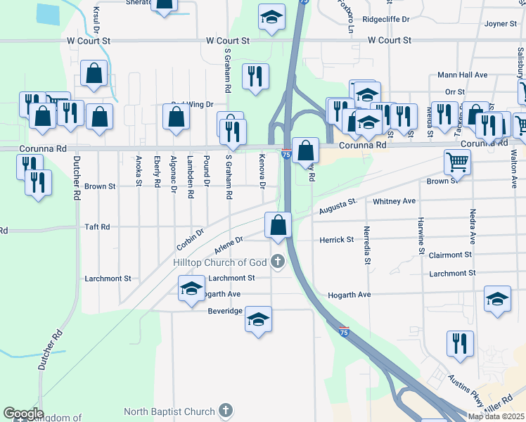 map of restaurants, bars, coffee shops, grocery stores, and more near 3460 Arlene Drive in Flint