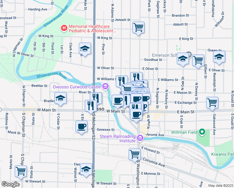 map of restaurants, bars, coffee shops, grocery stores, and more near 219 North Water Street in Owosso