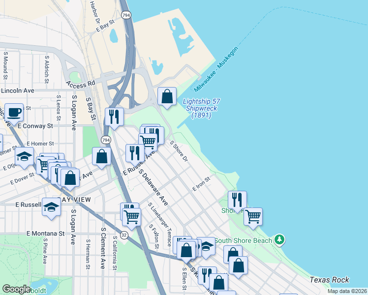 map of restaurants, bars, coffee shops, grocery stores, and more near 2540 South Shore Drive in Milwaukee