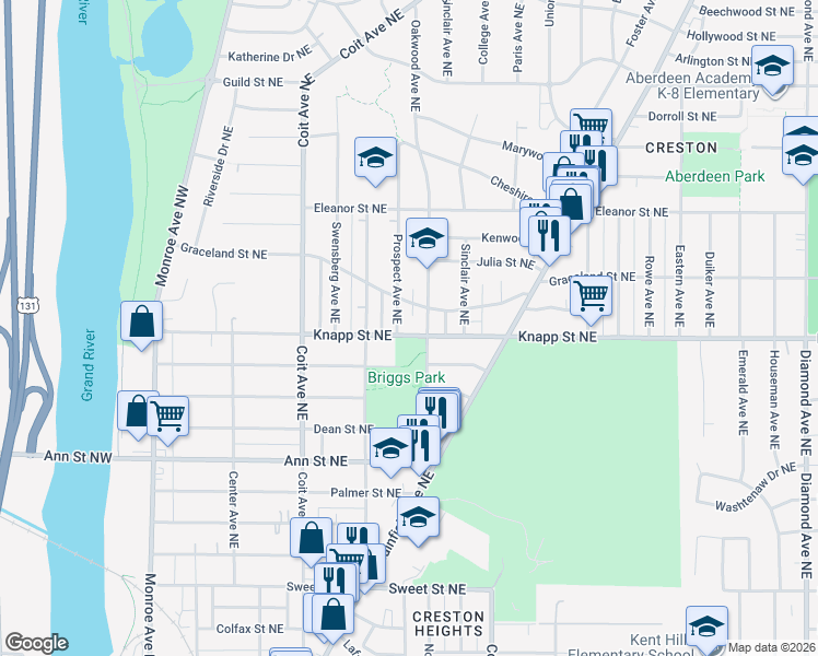 map of restaurants, bars, coffee shops, grocery stores, and more near 345 Knapp Street Northeast in Grand Rapids