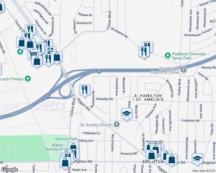 map of restaurants, bars, coffee shops, grocery stores, and more near 16 South Crest Court in Tonawanda